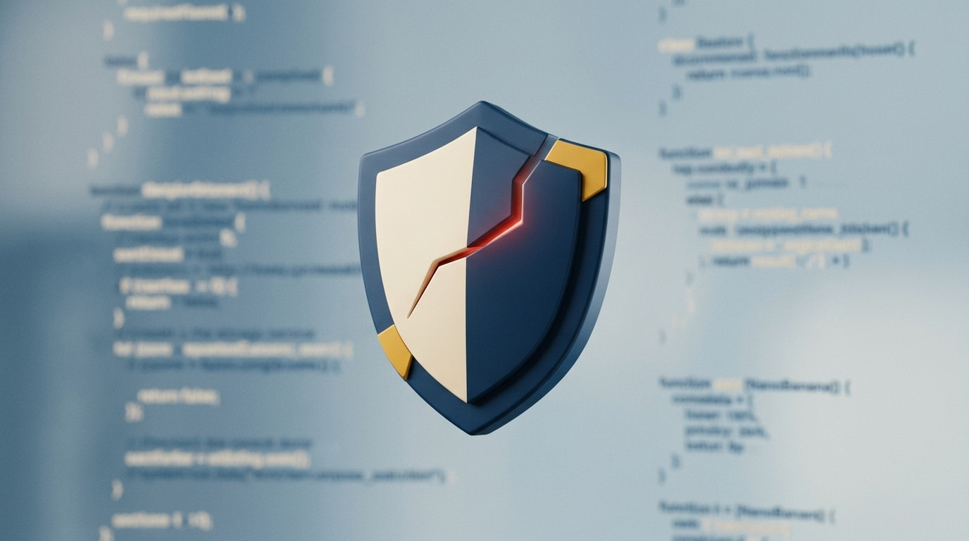 Pęknięta tarcza bezpieczeństwa na tle kodu