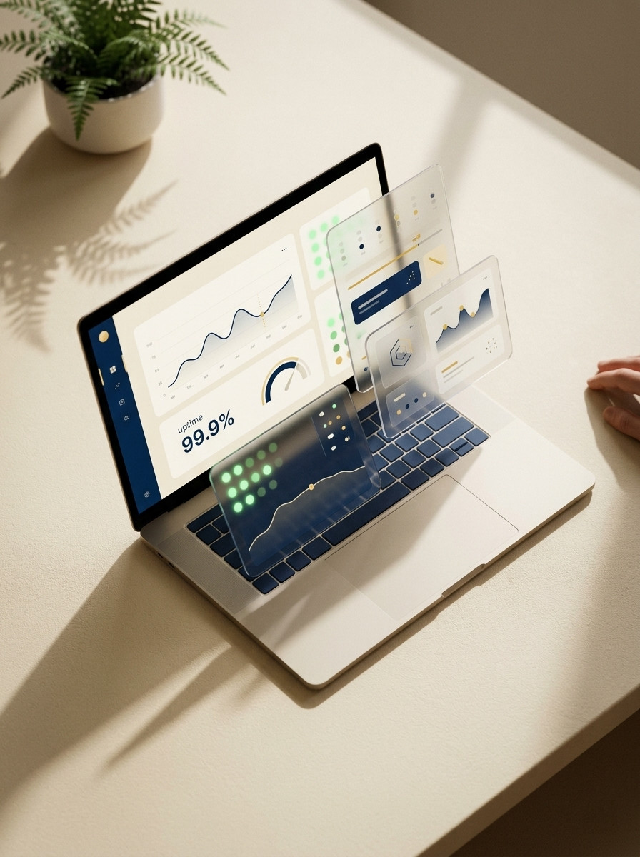 Laptop z pulpitem administracyjnym — monitoring, backupy, aktualizacje