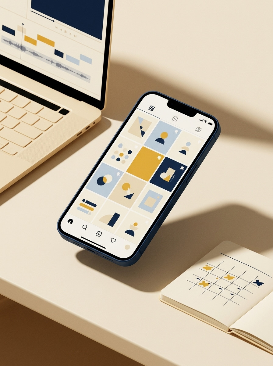 Social Media — telefon z feedem Instagrama i rolka wideo w trakcie montażu