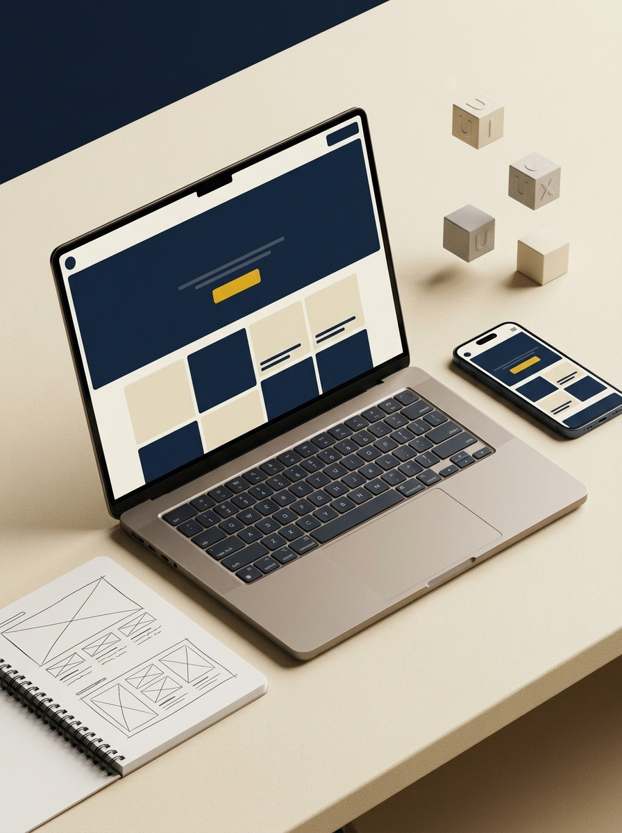 Projektowanie strony internetowej — mockup na laptopie i telefon z wersją mobilną
