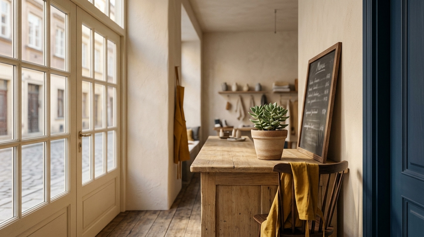 Kobieta wchodzi do lokalnej kawiarni znalezionej w Google — metafora klienta z okolicy