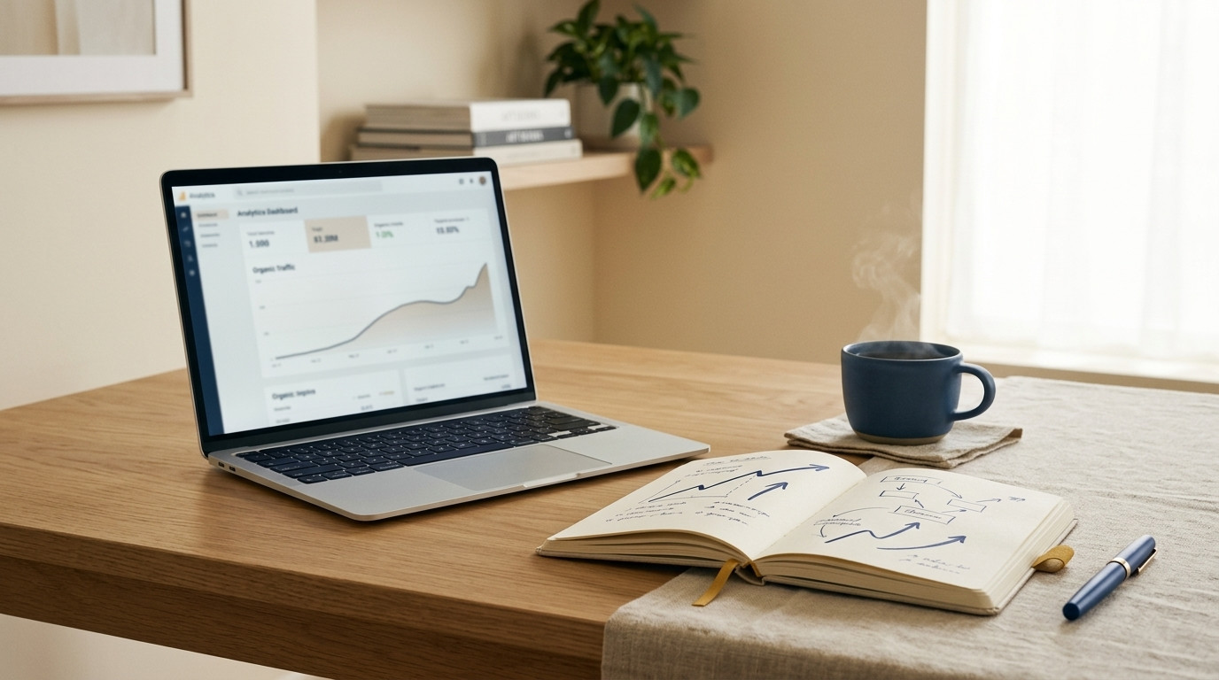 Spokojna praca nad strategią SEO — lista fraz i wykres pozycji