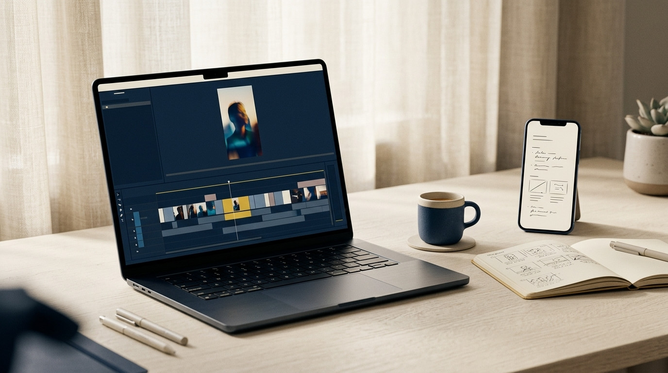 Montaż rolki Instagram — telefon ze scenariuszem, laptop z timeline wideo