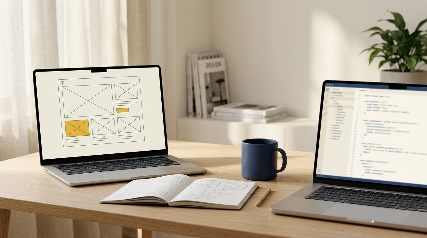 Projektowanie strony — Figma z mockupem i laptop z kodem obok