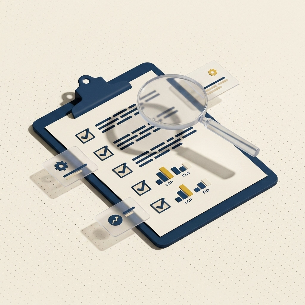 Audyt SEO — lupa nad listą fraz i wykresem Core Web Vitals